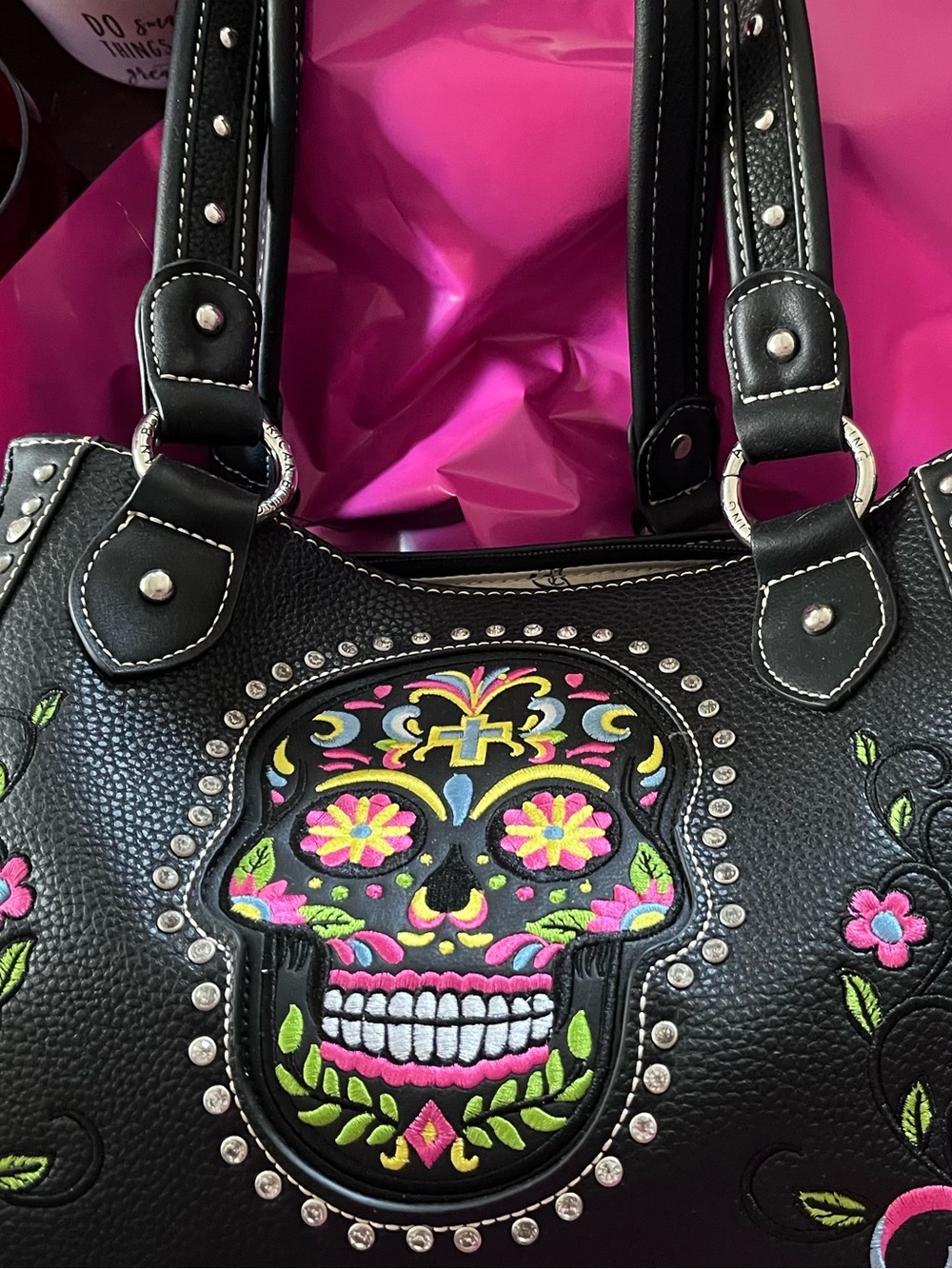Black Sugar Skull Embroidered leather purse